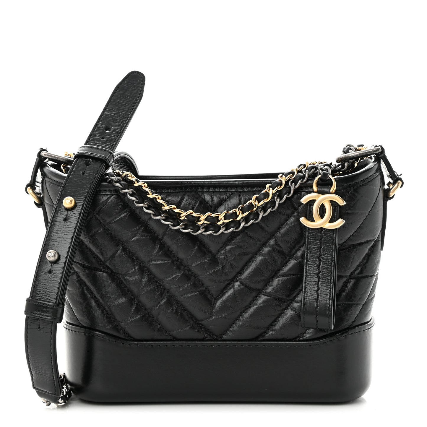 Aged Calfskin Chevron Quilted Small Gabrielle Hobo Black
