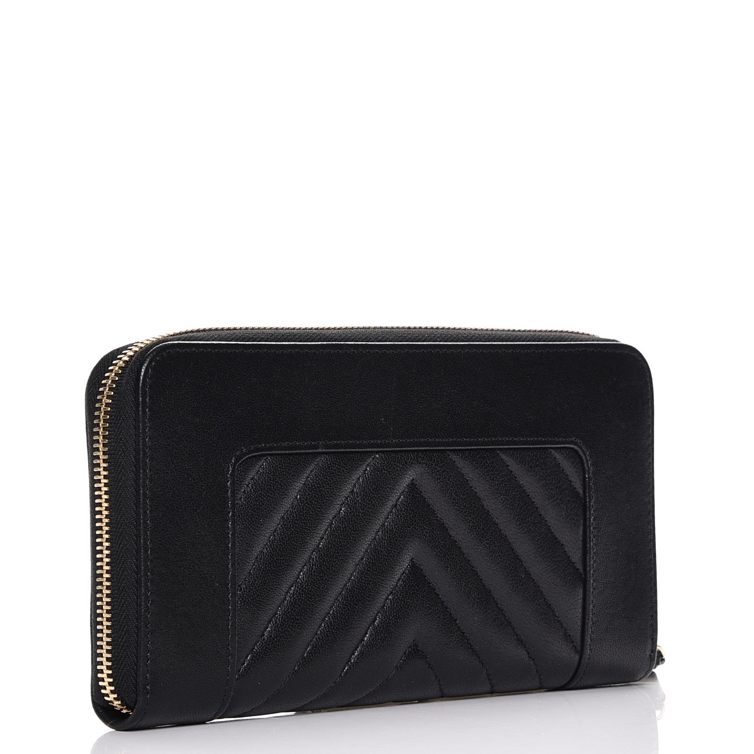 Chanel Sheepskin Chevron Quilted Zip Around Wallet Black 3 of 9