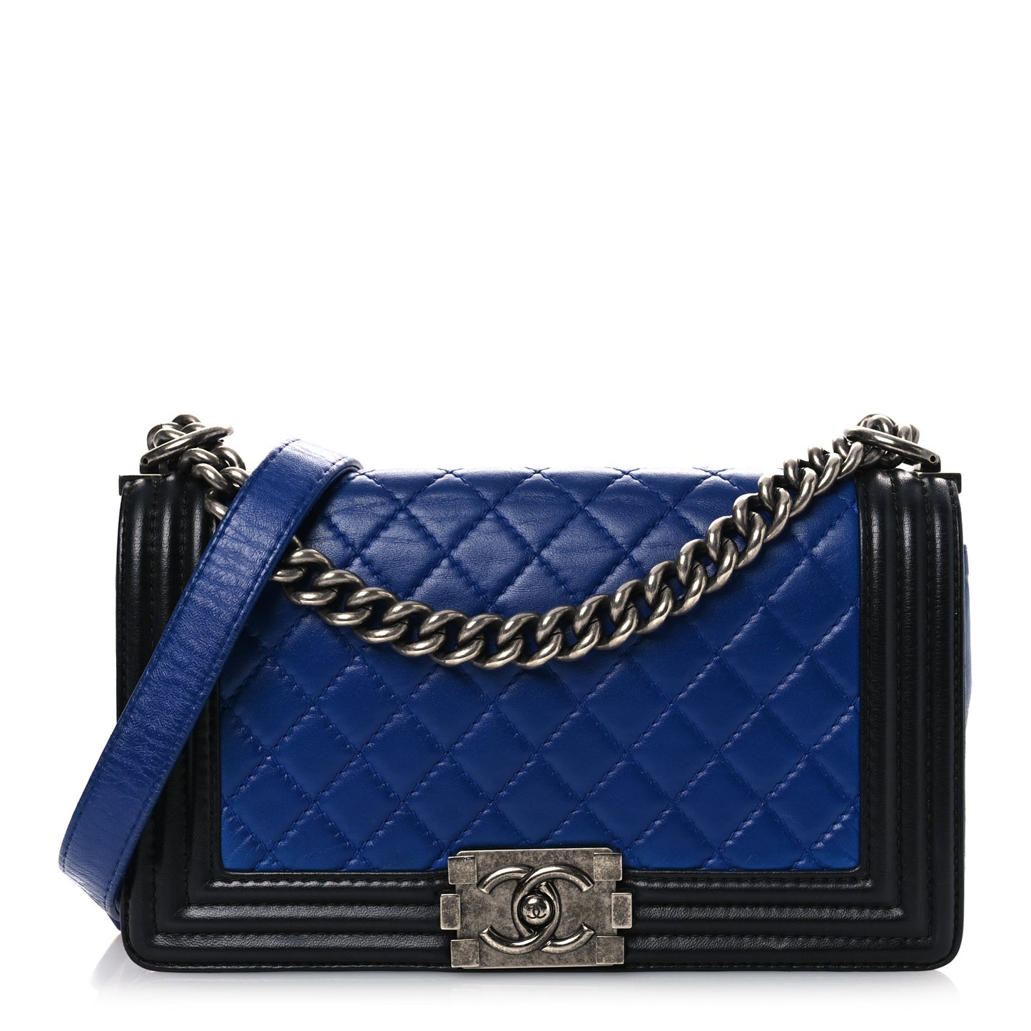 Lambskin Quilted Medium Boy Flap Black Blue Fonce