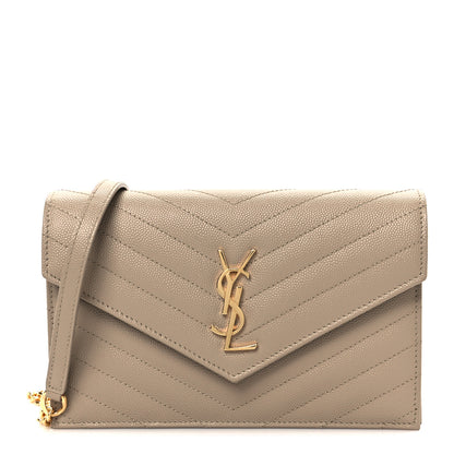Saint Laurent Grain De Poudre Matelasse Chevron Monogram Envelope Chain Wallet Dark Beige 2 of 19