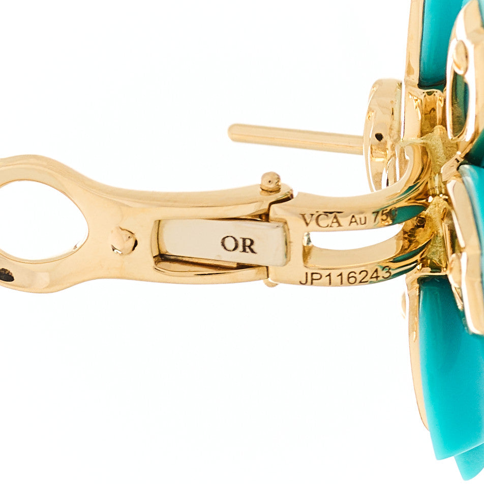 Van Cleef & Arpels 18K Yellow Gold Diamond Turquoise Mini Rose De Noel Earrings 3 of 4
