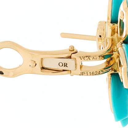 Van Cleef & Arpels 18K Yellow Gold Diamond Turquoise Mini Rose De Noel Earrings 3 of 4