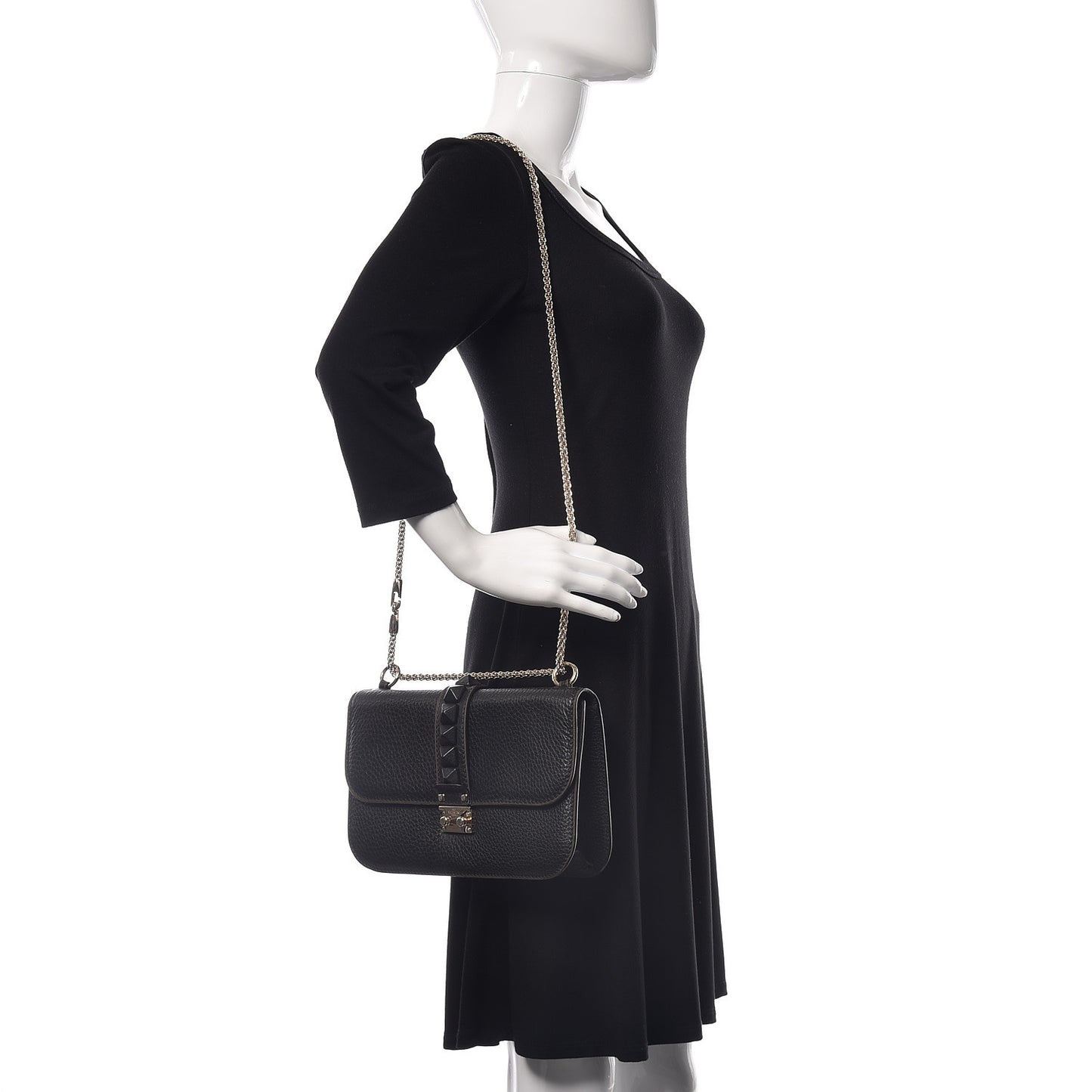 Pebbled Calfskin Medium Glam Lock Rockstud Flap Black
