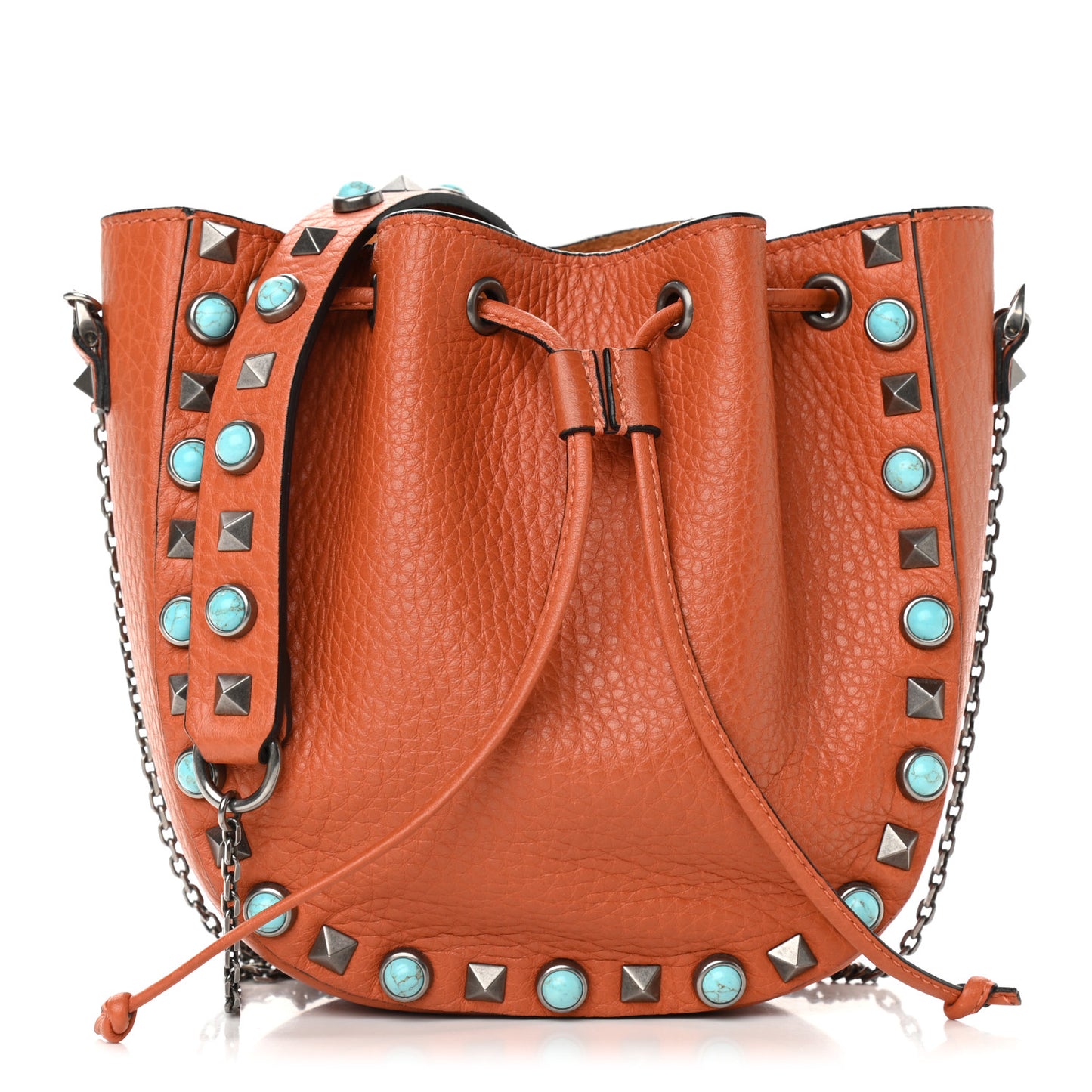 Grained Calfskin Turquoise Mini Rockstud Rolling Chain Strap Bucket Bag Orange
