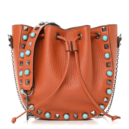 Valentino Garavani Grained Calfskin Turquoise Mini Rockstud Rolling Chain Strap Bucket Bag Orange 1 of 9