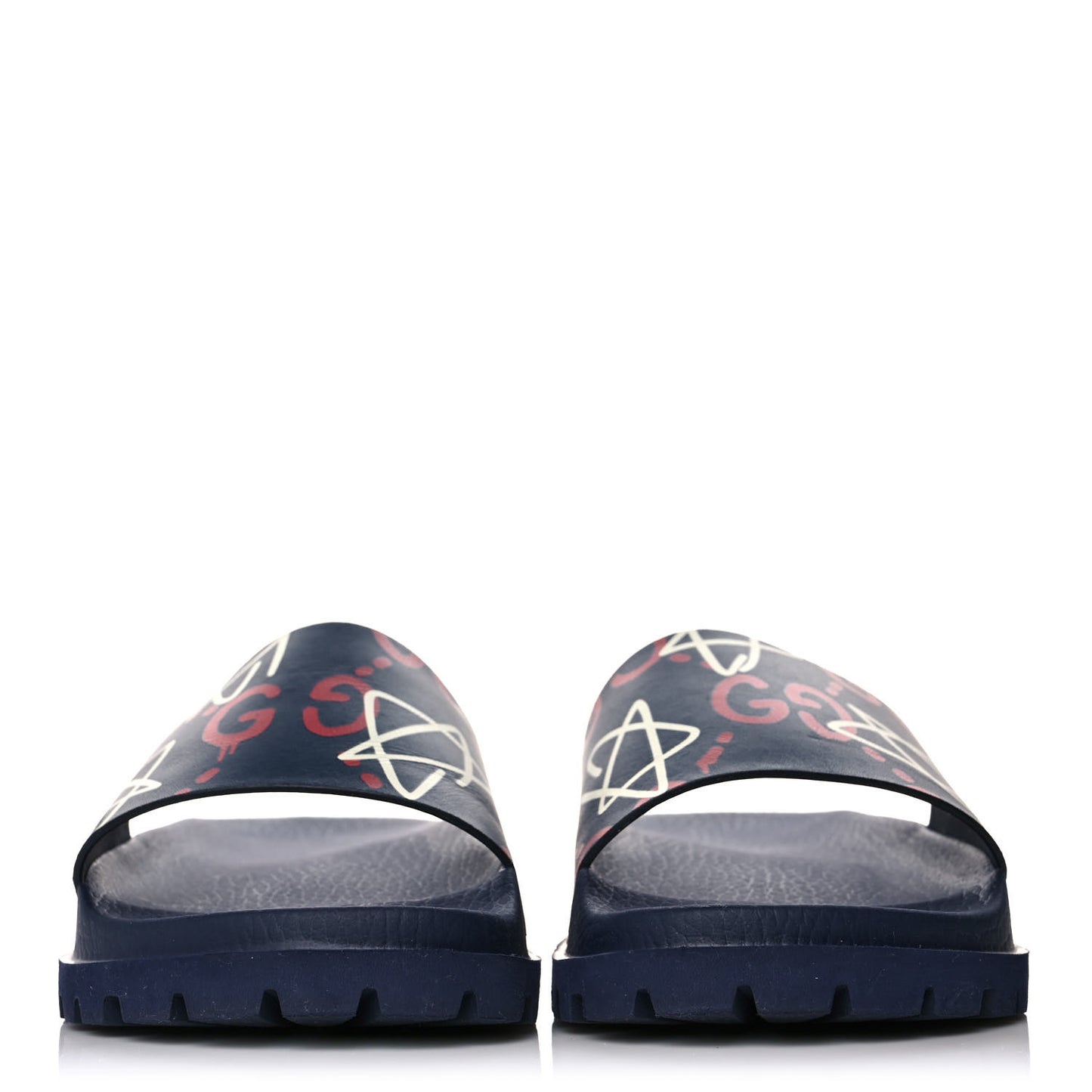Calfskin Rubber GucciGhost Mens Lug Sole Slide Sandals 7 Blue Agata Hibiscus Red