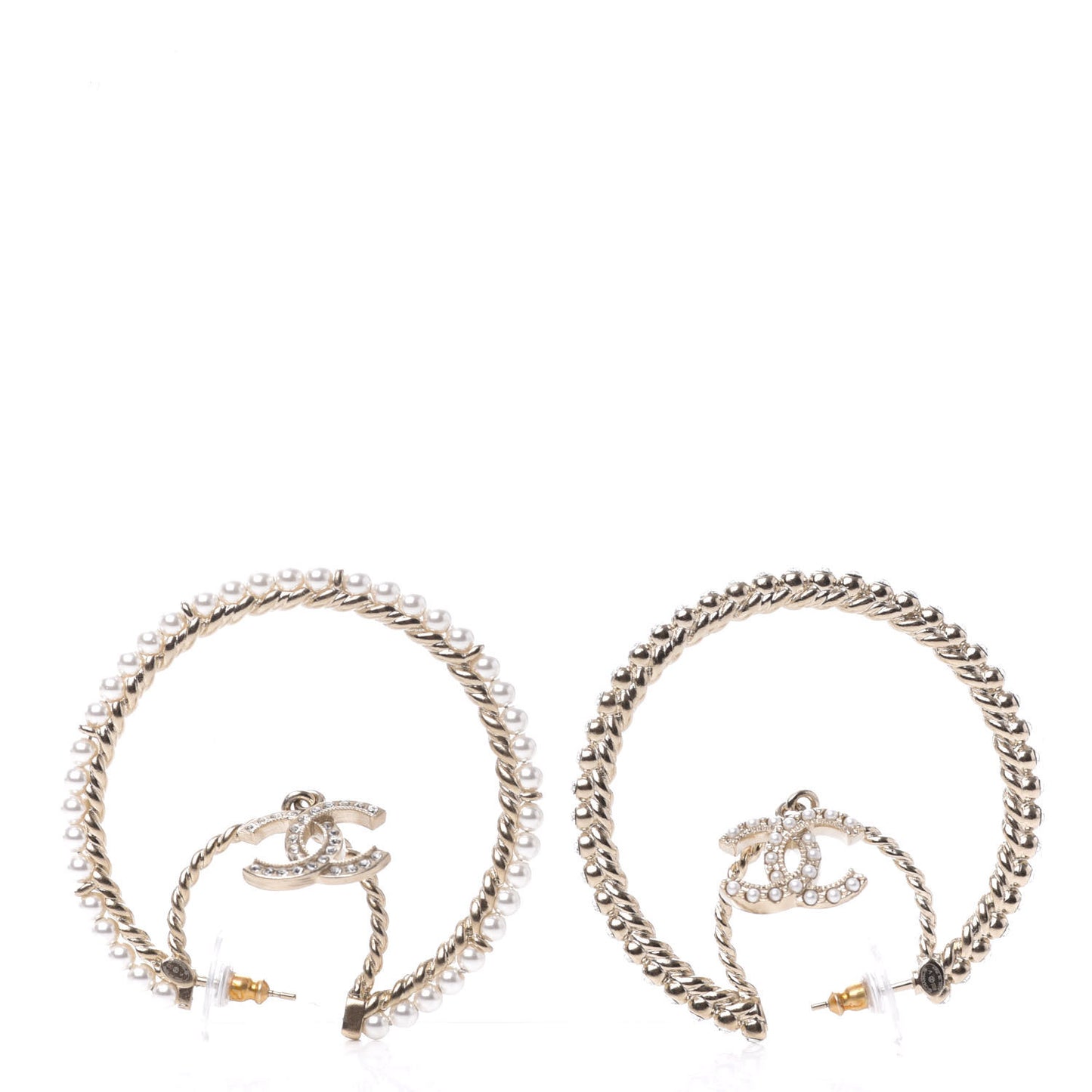 Crystal Pearl CC Drop Hoop Earrings Gold Pearly White