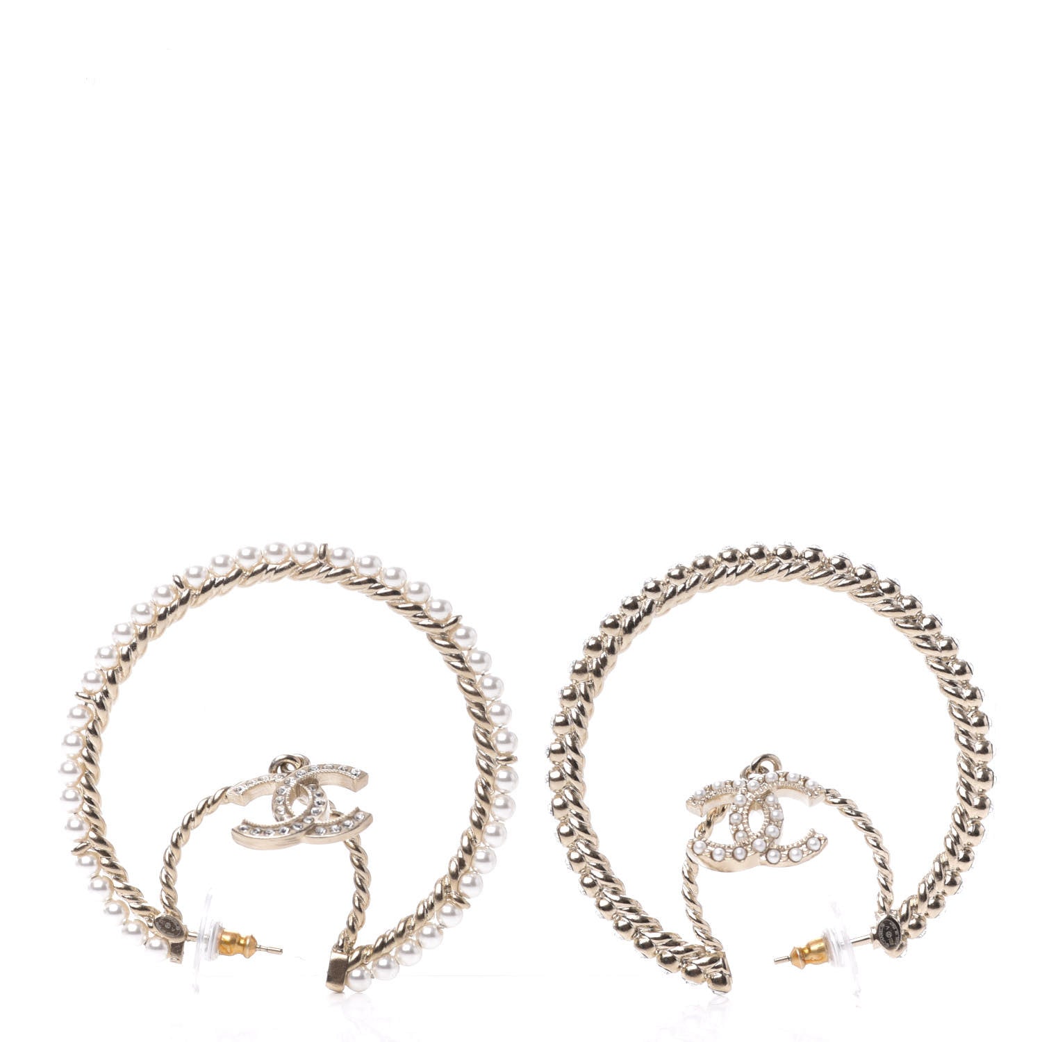 Chanel Crystal Pearl CC Drop Hoop Earrings Gold Pearly White 2 of 7