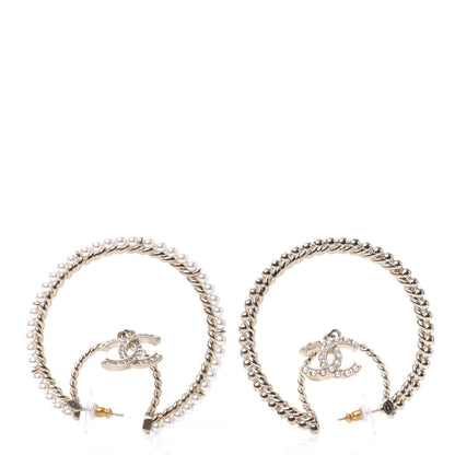 Chanel Crystal Pearl CC Drop Hoop Earrings Gold Pearly White 2 of 7