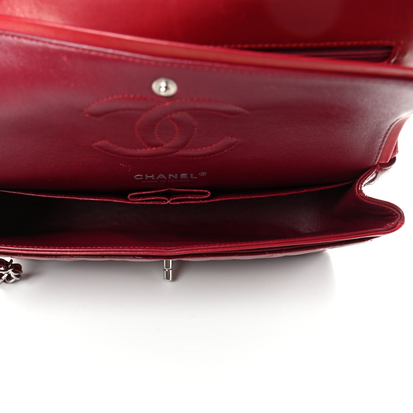 Patent Calfskin Quilted Medium Double Flap Dark Red