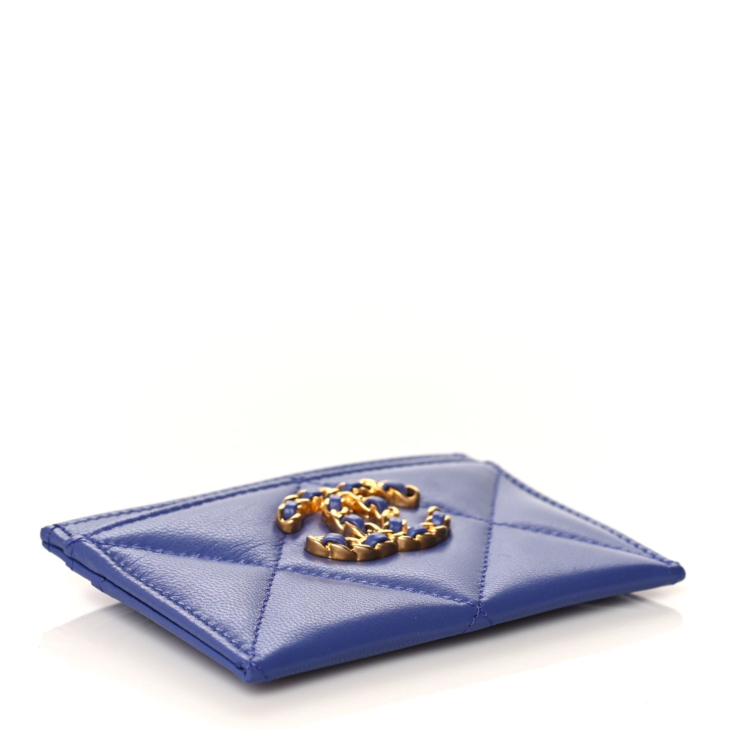 Shiny Goatskin Quilted Chanel 19 Card Holder Blue