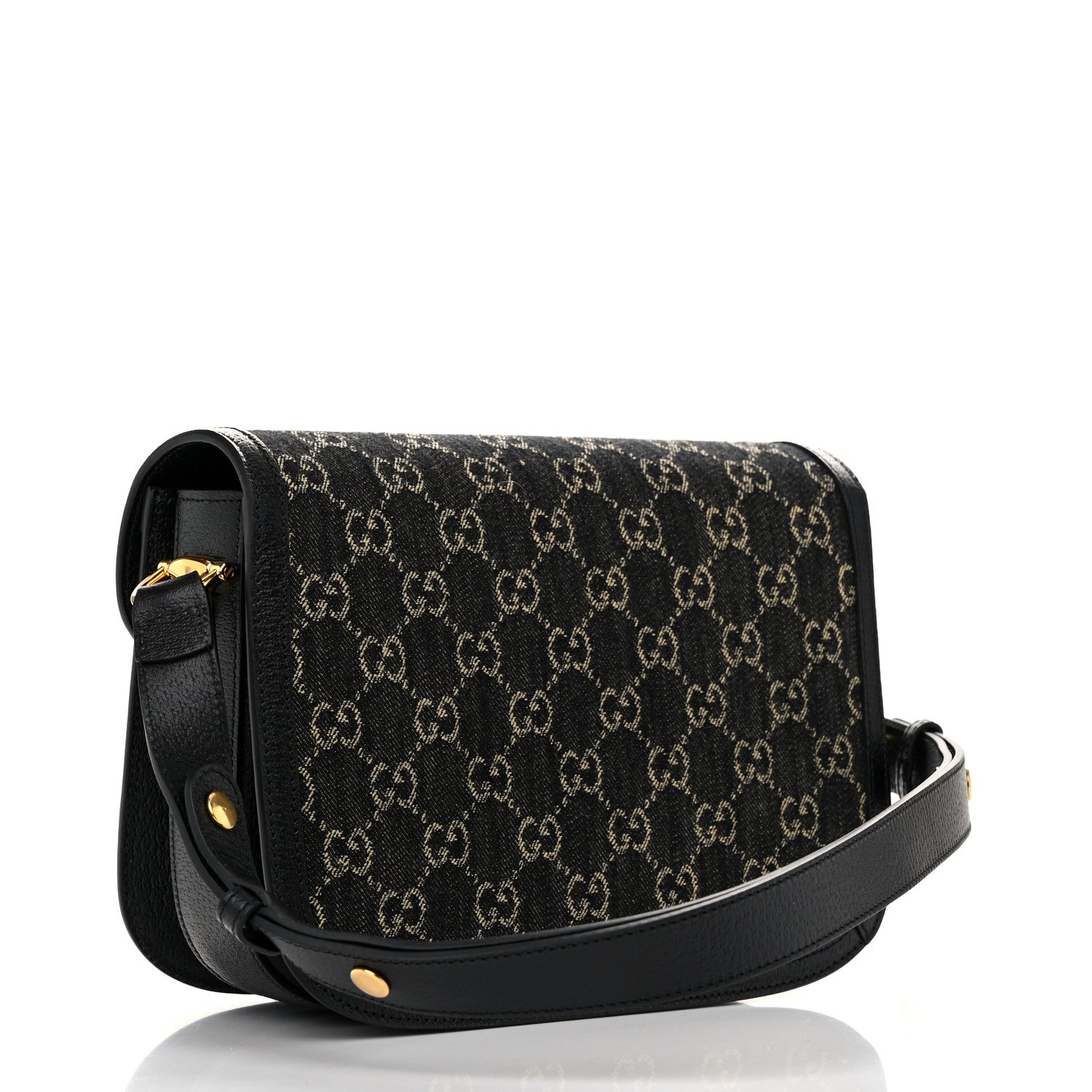 Gucci Jacquard Black Denim GG Monogram Textured Dollar Calfskin Horsebit 1955 Shoulder Bag Black Ivory 3 of 10