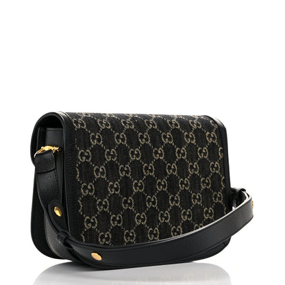 Gucci Jacquard Black Denim GG Monogram Textured Dollar Calfskin Horsebit 1955 Shoulder Bag Black Ivory 3 of 10