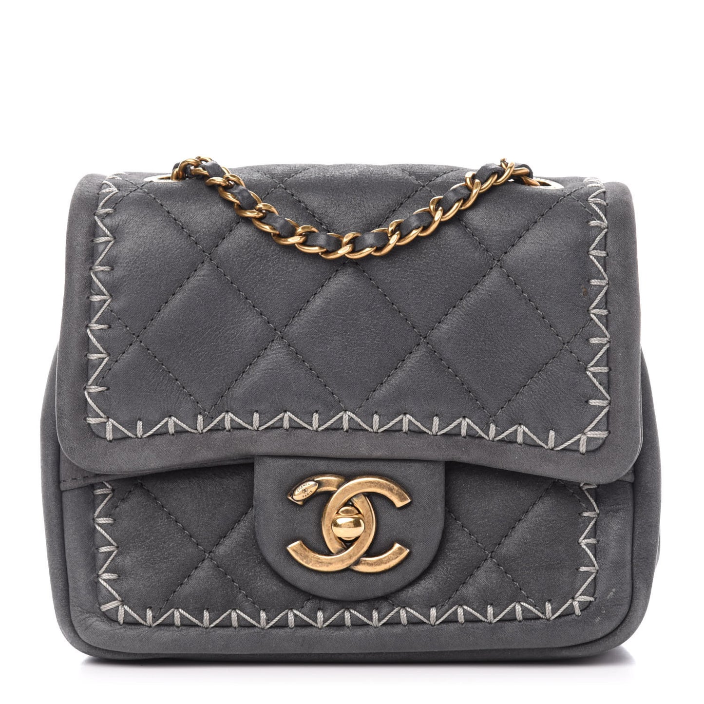Iridescent Calfskin Stitch Mini Square Flap Grey