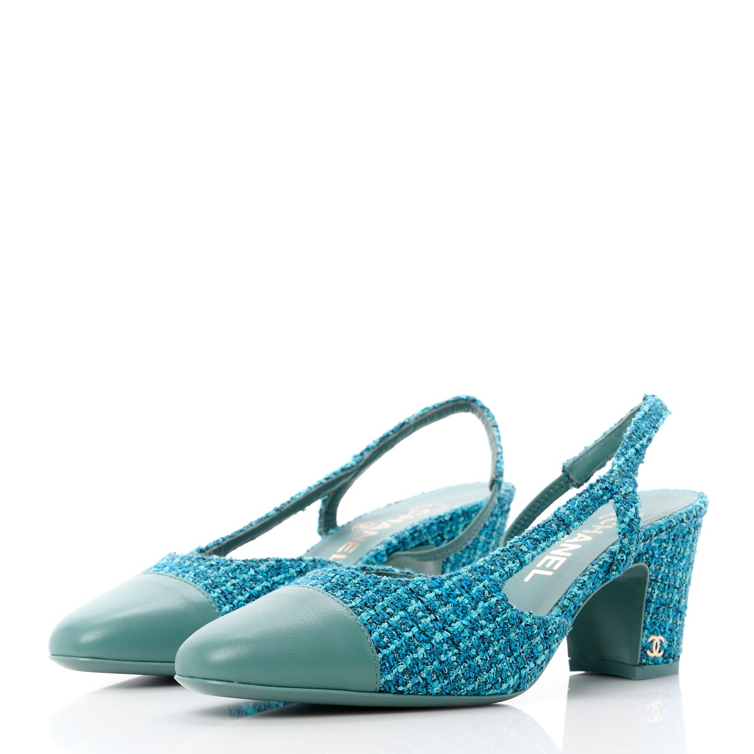 Chanel Tweed Lambskin Cap Toe CC Slingback Pumps 37 Blue Green 3 of 13