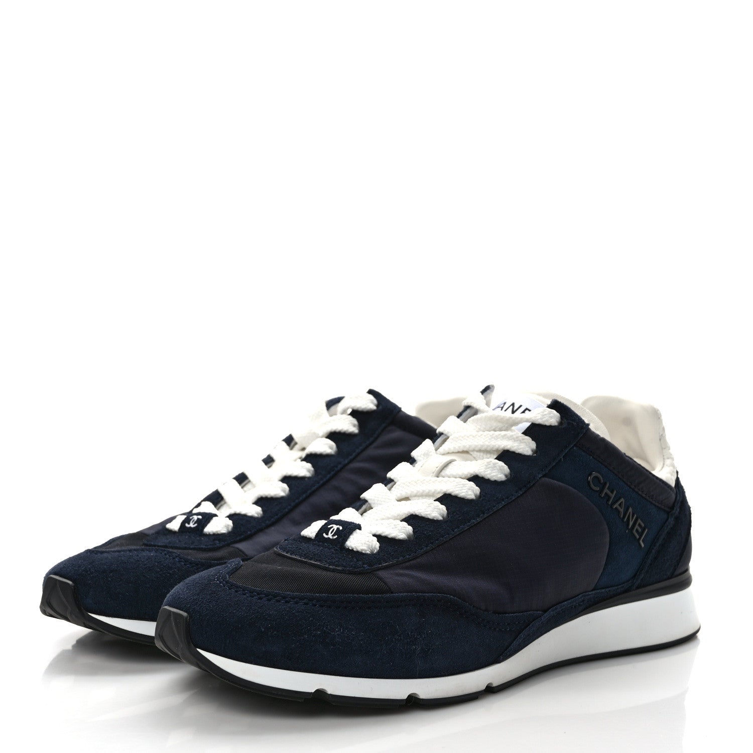 Chanel Nylon Suede Kidskin Calfskin Logo Sneakers 37 Dark Navy Blue Navy Blue Black 3 of 9