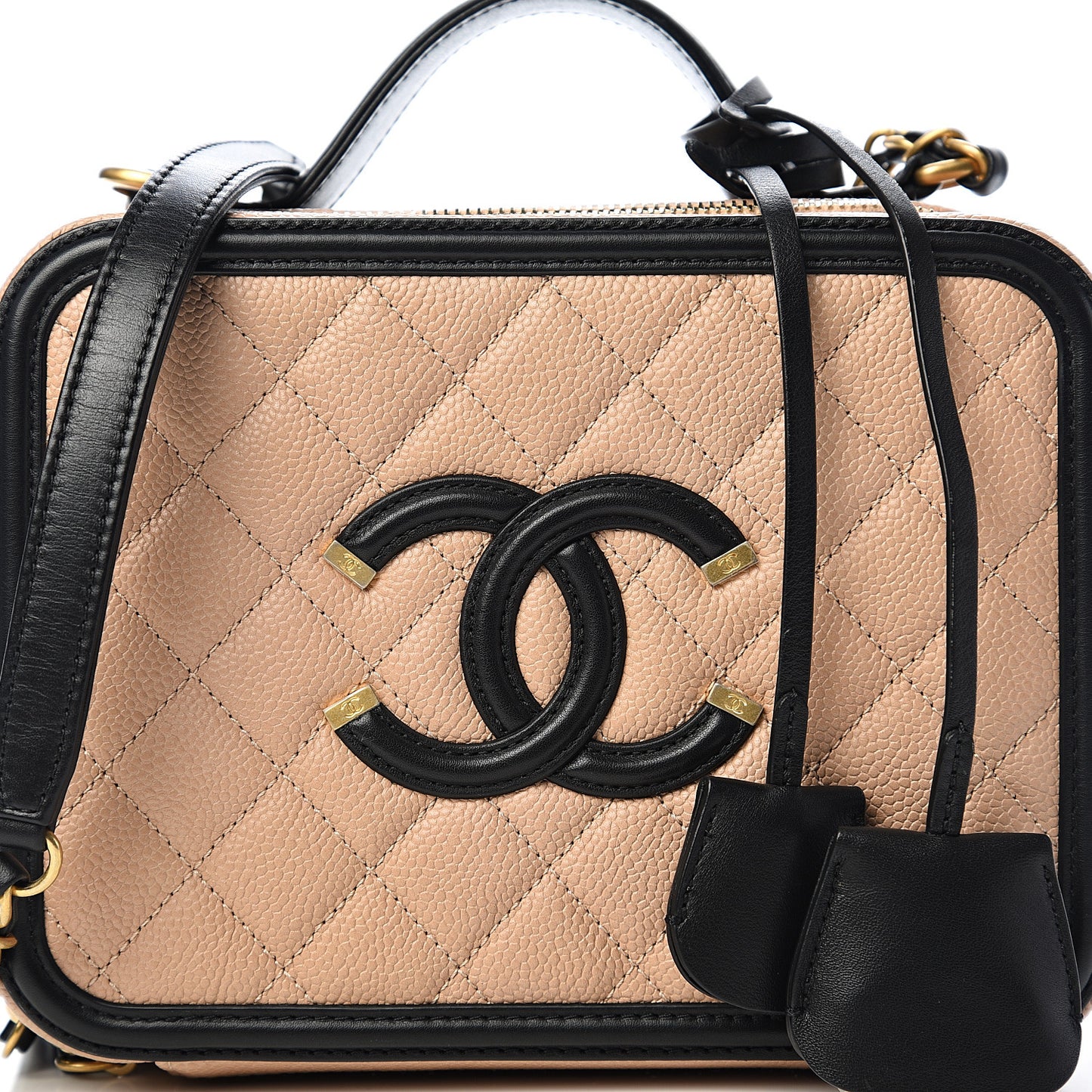 Caviar Quilted Medium CC Filigree Vanity Case Beige Black