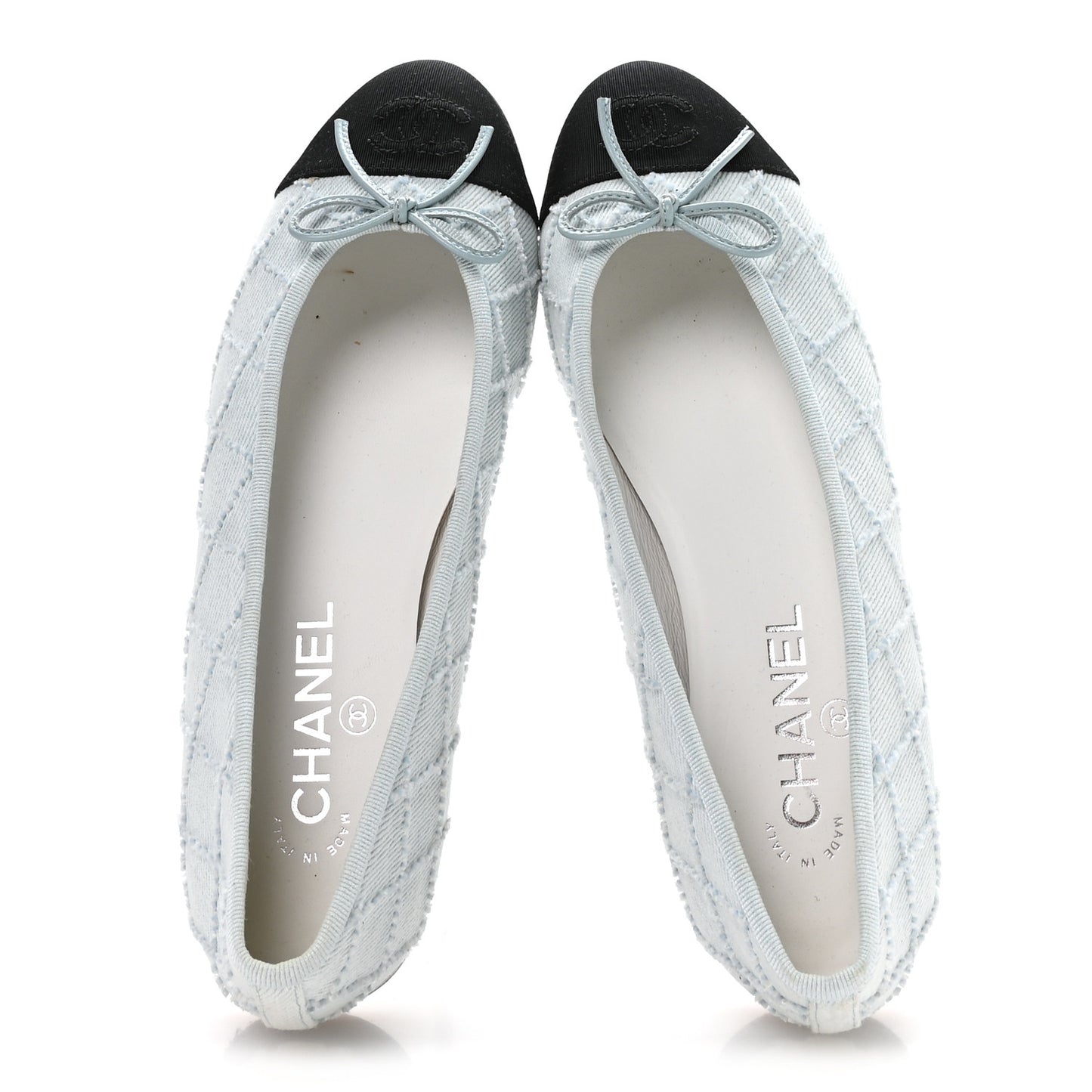 Denim Embroidered Grosgrain CC Cap Toe Ballerina Flats 38.5 Light Blue Black