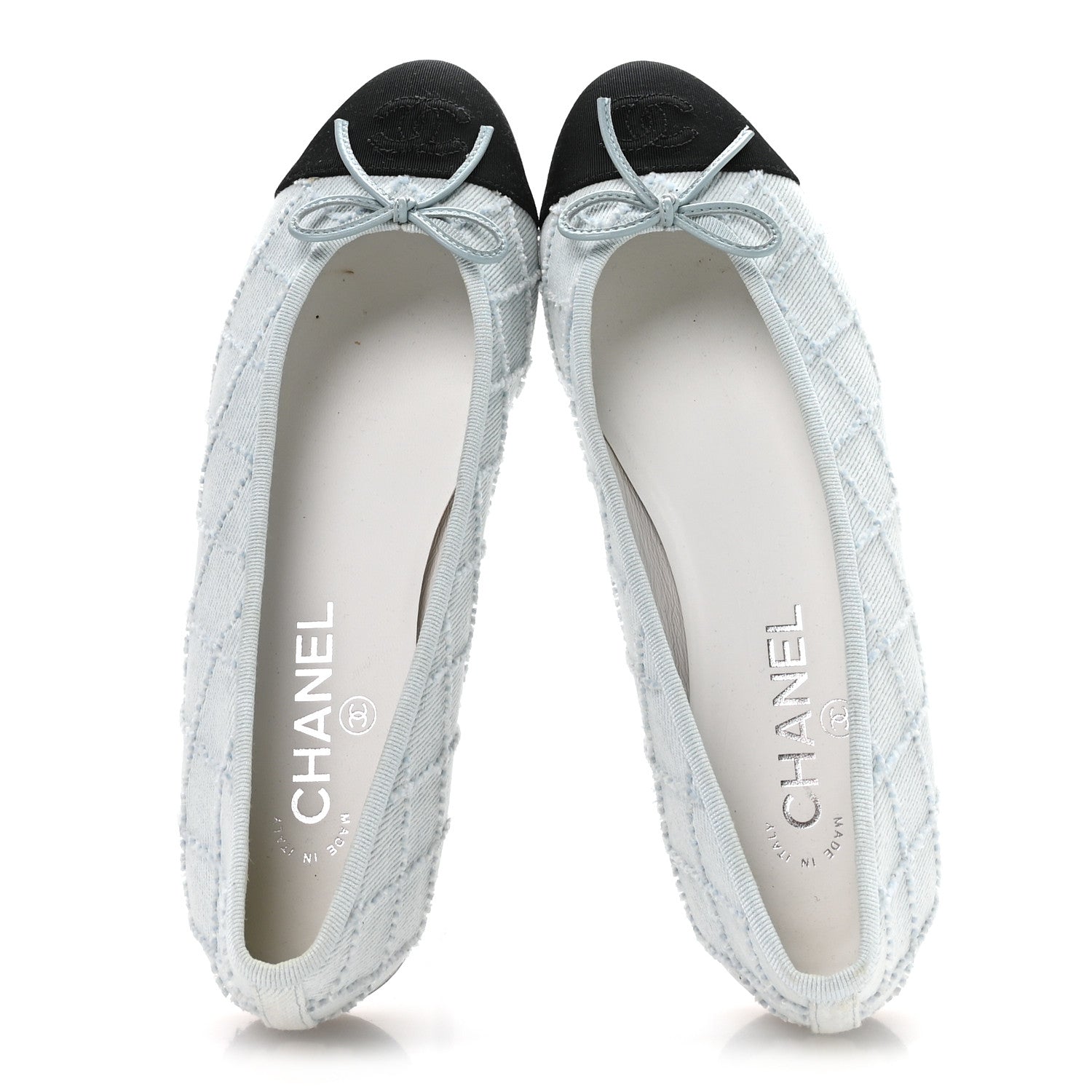 Chanel Denim Embroidered Grosgrain CC Cap Toe Ballerina Flats 38.5 Light Blue Black 2 of 8