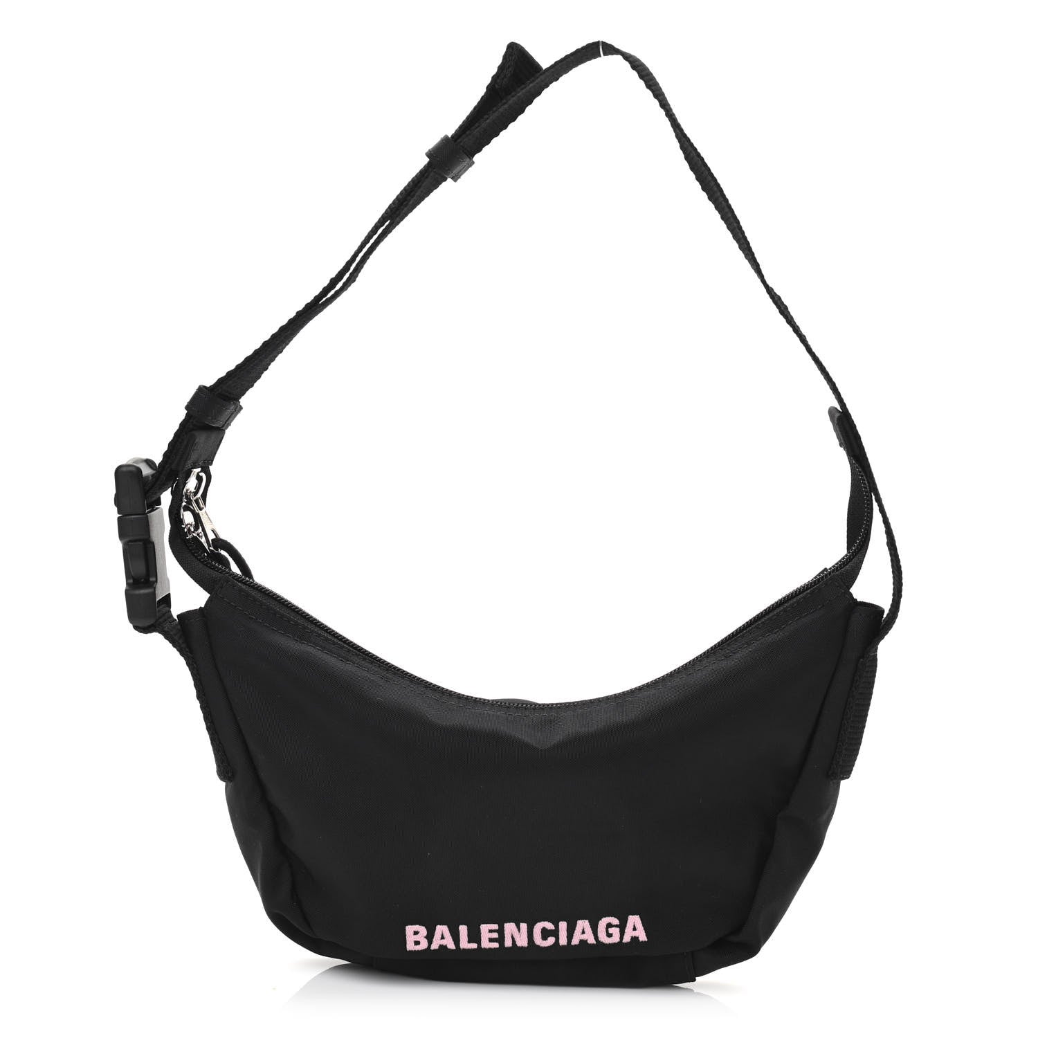 Balenciaga Recycled Sport Nylon Logo Embroidered Wheel Sling Bag Black Candy Pink 1 of 10