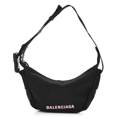 Balenciaga Recycled Sport Nylon Logo Embroidered Wheel Sling Bag Black Candy Pink 1 of 10