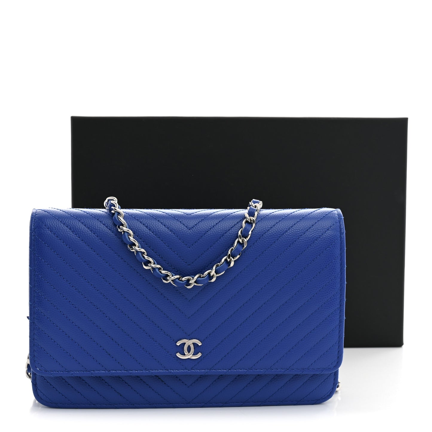 Caviar Chevron Quilted Wallet On Chain WOC Blue