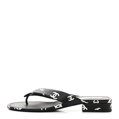 Chanel Lambskin Printed CC Thong Sandals 40 Black White 1 of 8