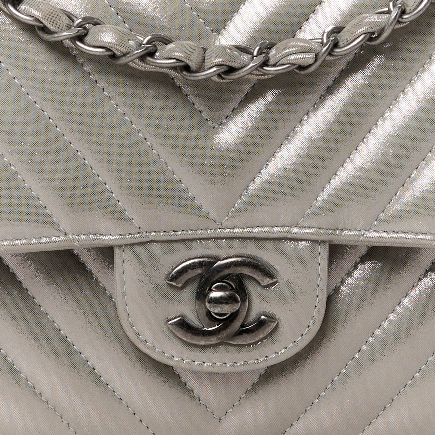Iridescent Calfskin Chevron Quilted Medium Double Flap Silver