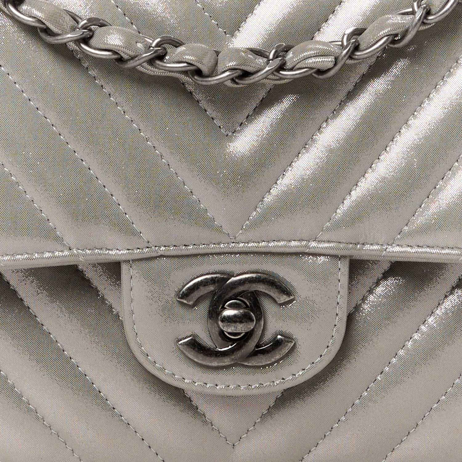 Chanel Iridescent Calfskin Chevron Quilted Medium Double Flap Silver 9 of 13