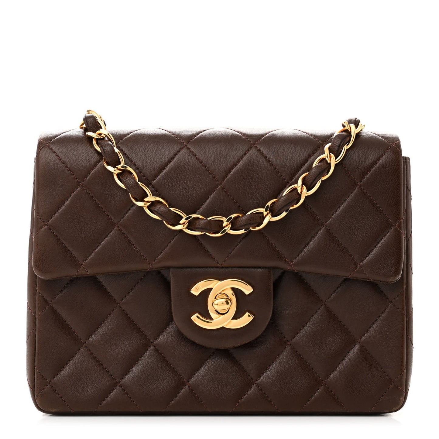 Lambskin Quilted Mini Square Flap Bag Dark Brown