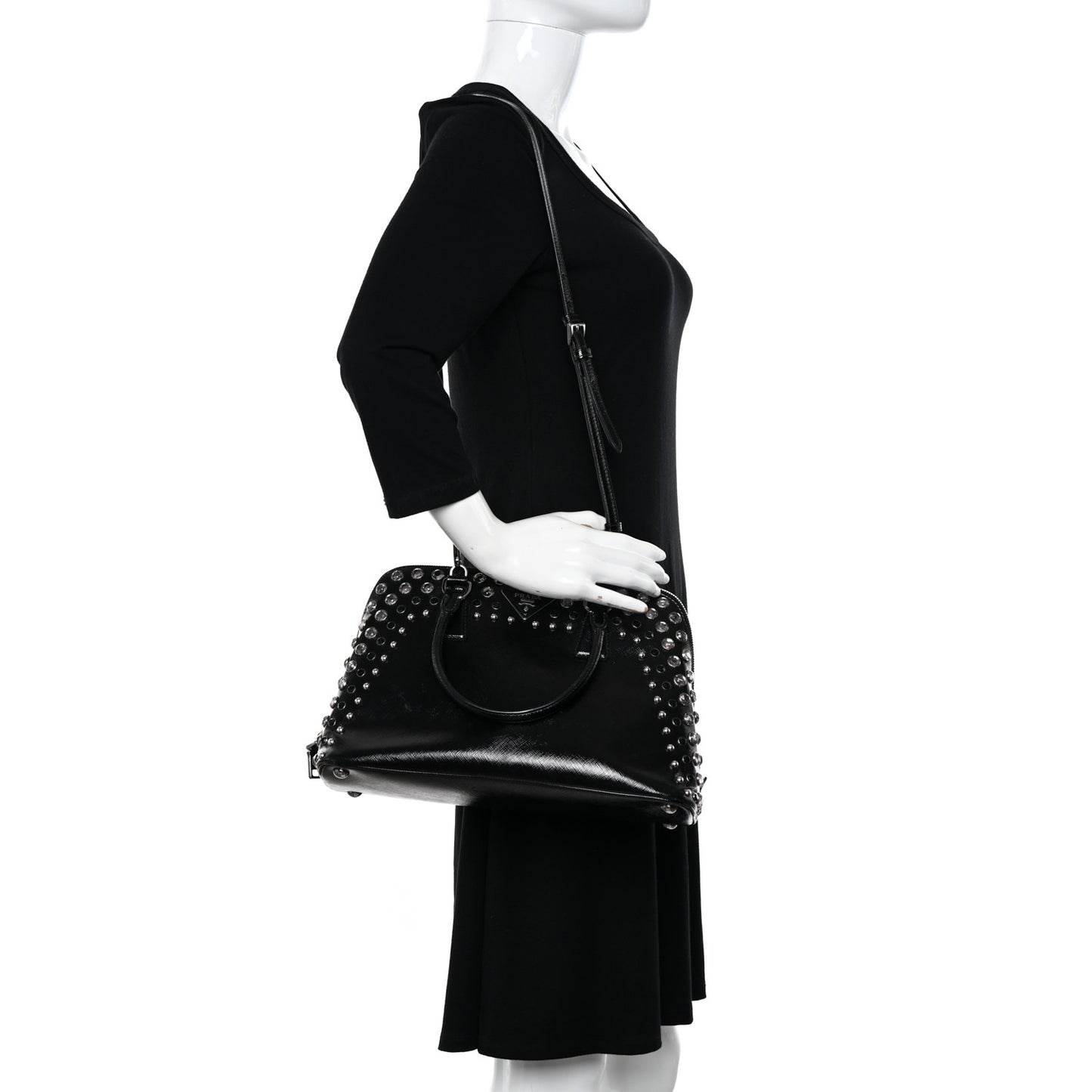 Saffiano Vernice Small Crystal Pyramid Bag Black