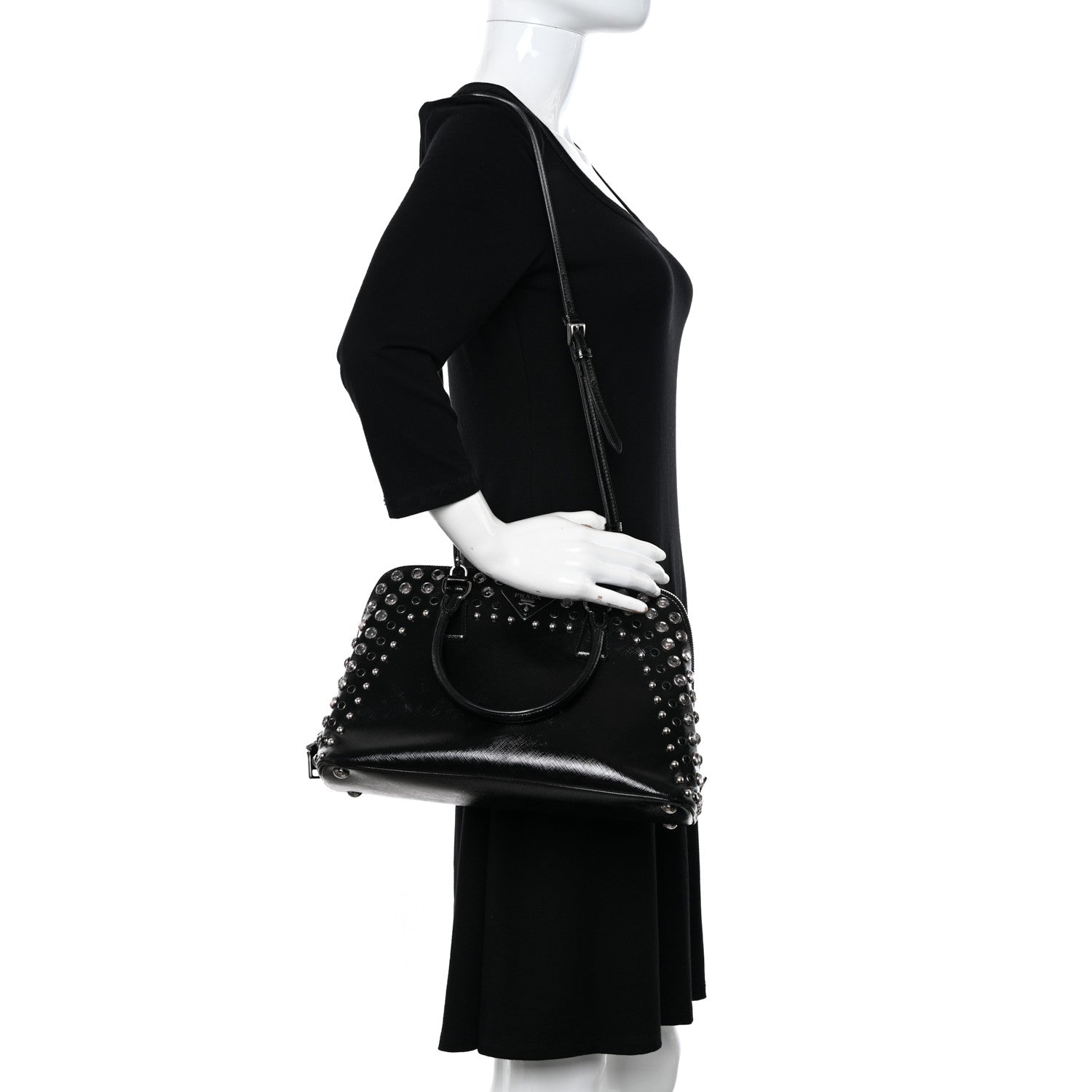 Prada Saffiano Vernice Small Crystal Pyramid Bag Black 2 of 16