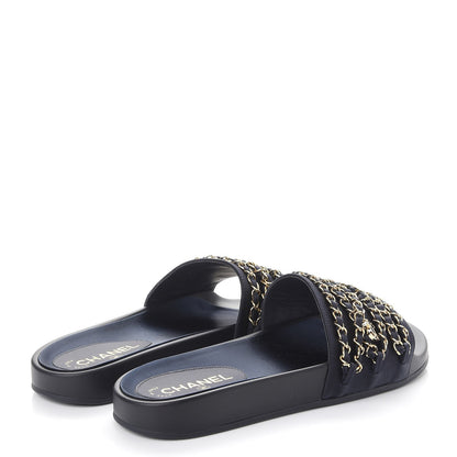 Chanel Lambskin Canvas Chain Flat Sandals 41 Marine 4 of 11