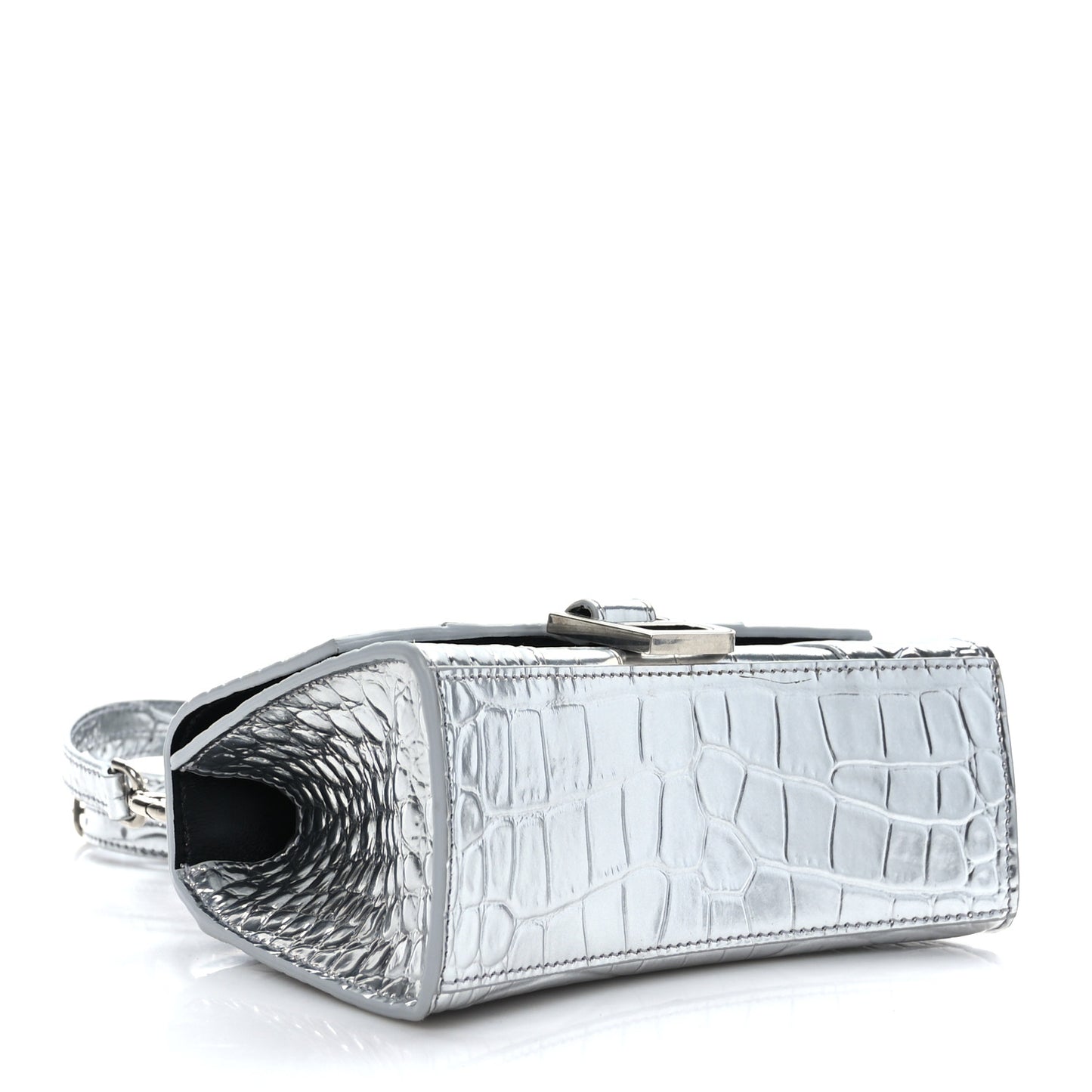 Metallic Calfskin Crocodile Embossed Hourglass Top Handle Bag XS Silver