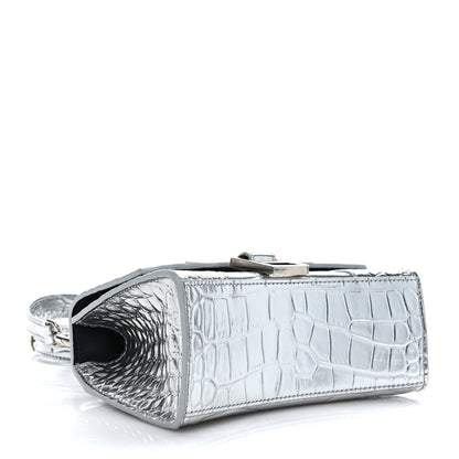 Balenciaga Metallic Calfskin Crocodile Embossed Hourglass Top Handle Bag XS Silver 4 of 9