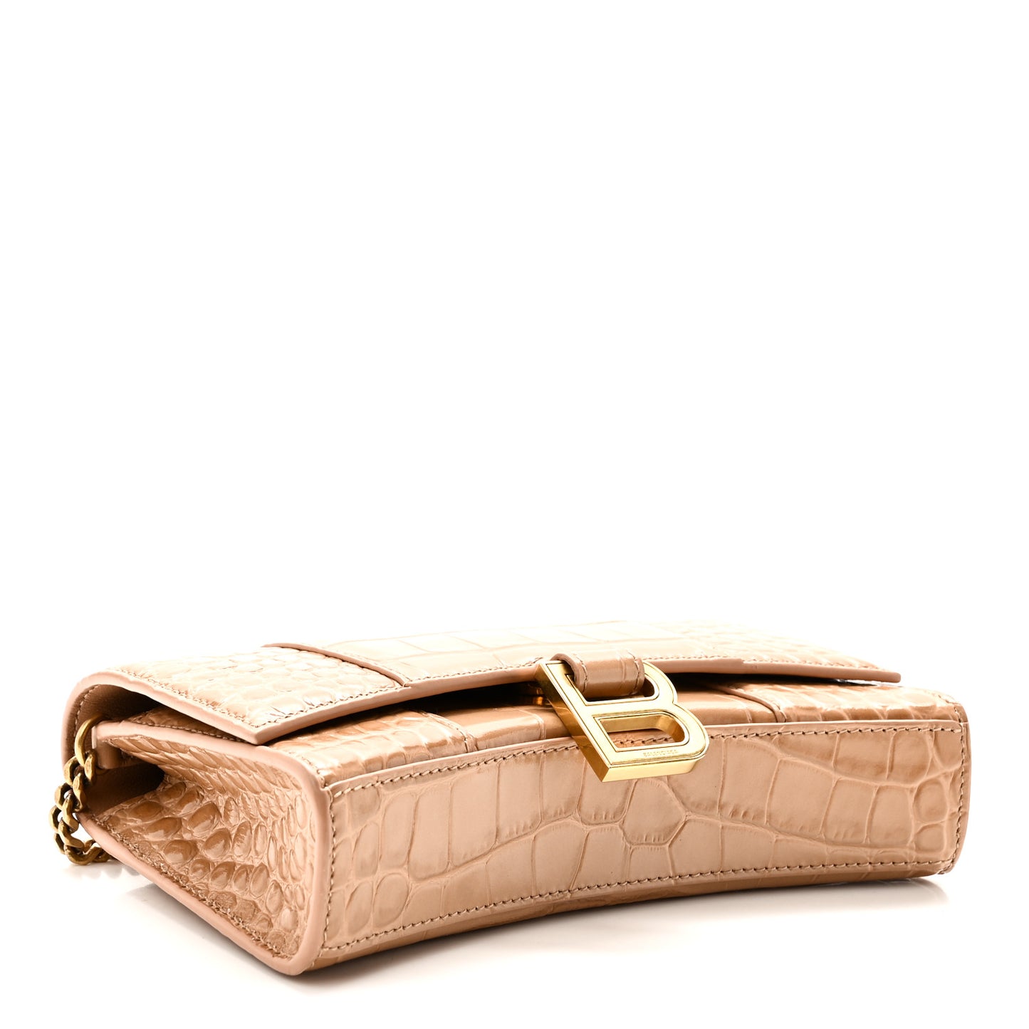 Shiny Calfskin Crocodile Embossed Hourglass Chain Bag Nude Beige