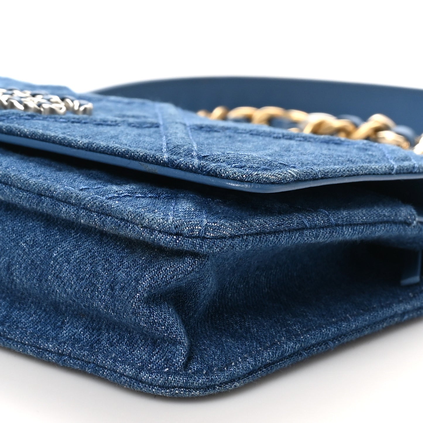 Denim Quilted Chanel 19 Wallet On Chain WOC Blue