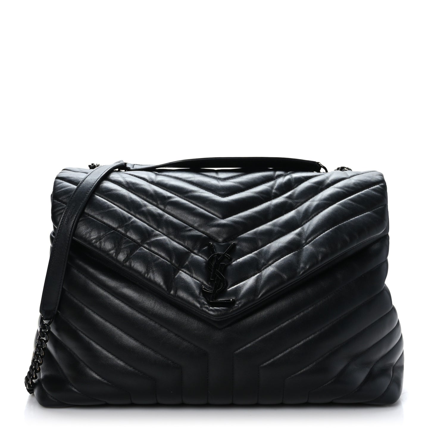 Calfskin Y Quilted Monogram Monochrome Large Loulou Chain Satchel Black