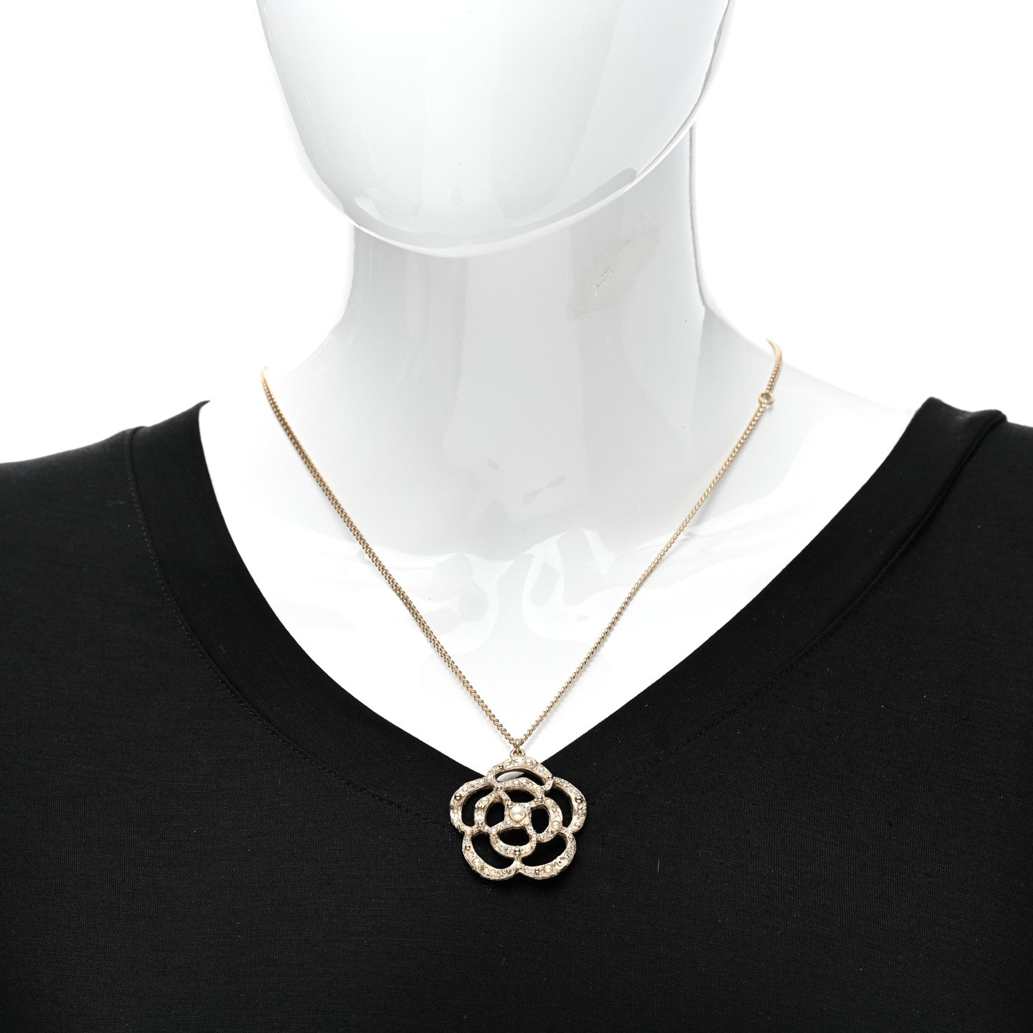 Chanel Crystal Pearl Camellia Necklace Gold 2 of 4