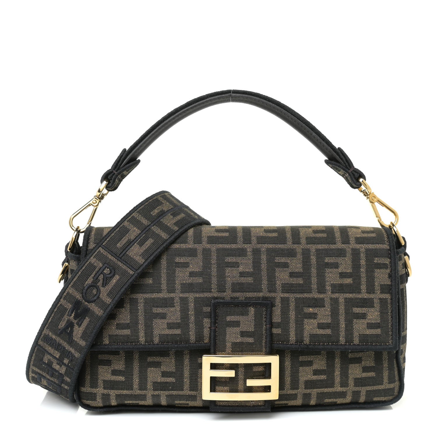 Fendi Fabric Jacquard FF 1974 Medium Baguette Tobacco Moro Black 1 of 12