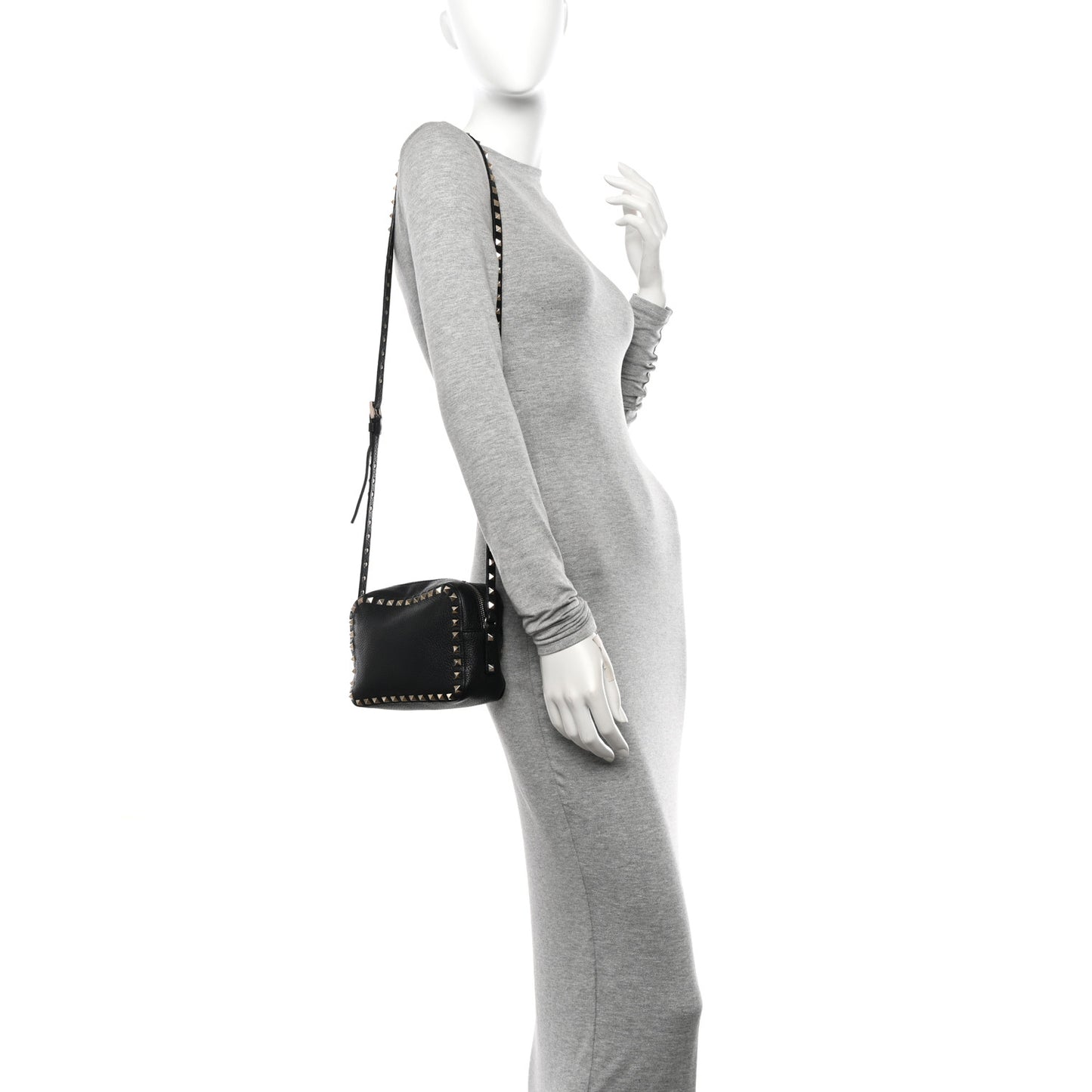 Pebbled Calfskin Rockstud Camera Crossbody Bag Black