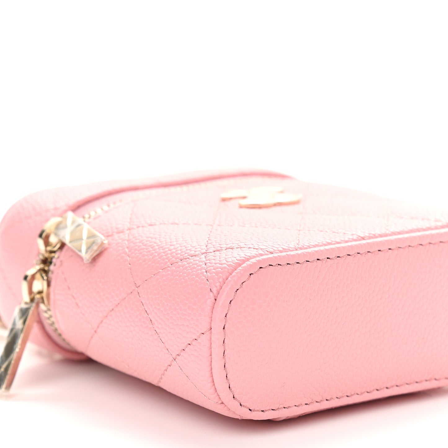Caviar Quilted Small Handle With Care Vanity Case With Chain Pink