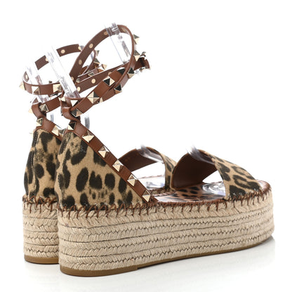 Valentino Garavani Canvas Leopard Print Rockstud Ankle Wrap Espadrille Flatform Sandals 39 Brown 4 of 8