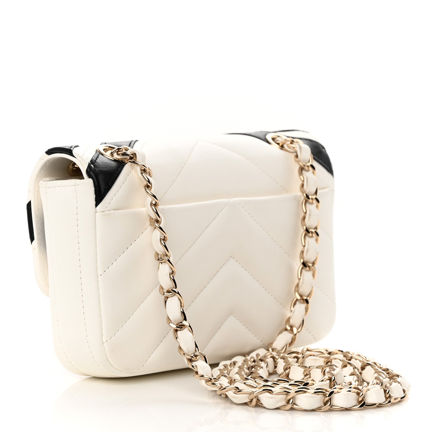Chanel Lambskin Chevron Stitched Flap White Black 3 of 12