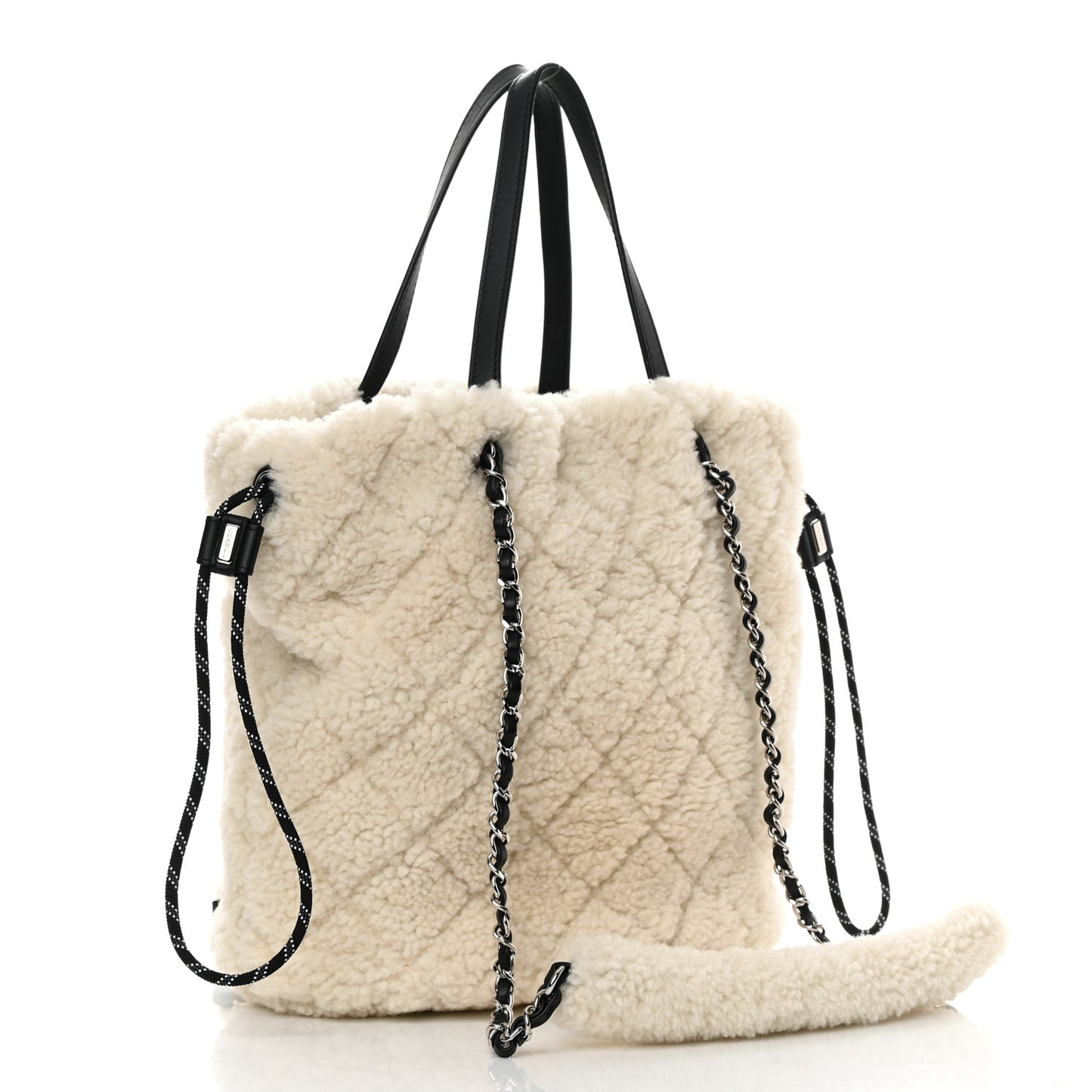 Shearling Sheepskin Tweed Large Coco Neige Tote White Black