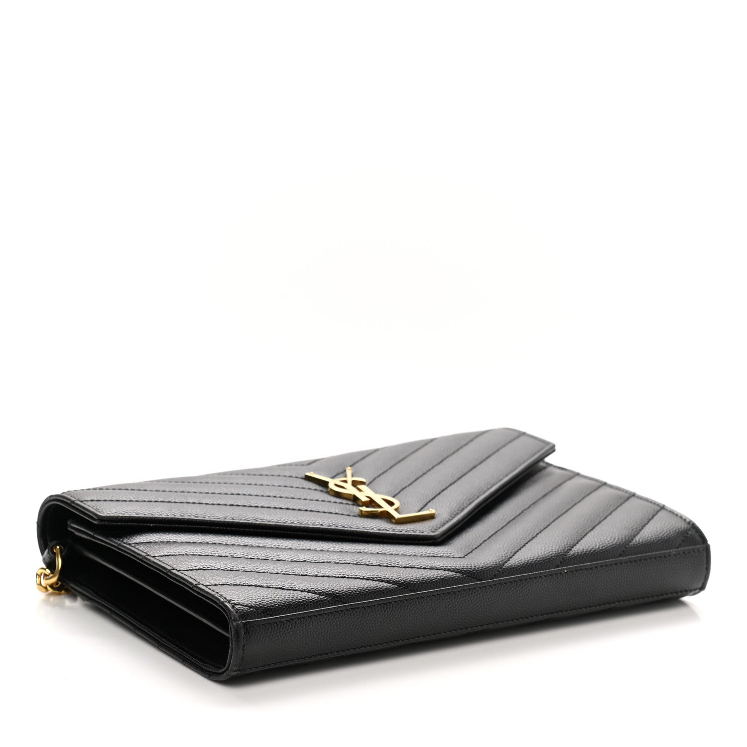 Saint Laurent Grain De Poudre Matelasse Chevron Monogram Chain Wallet Black 4 of 12
