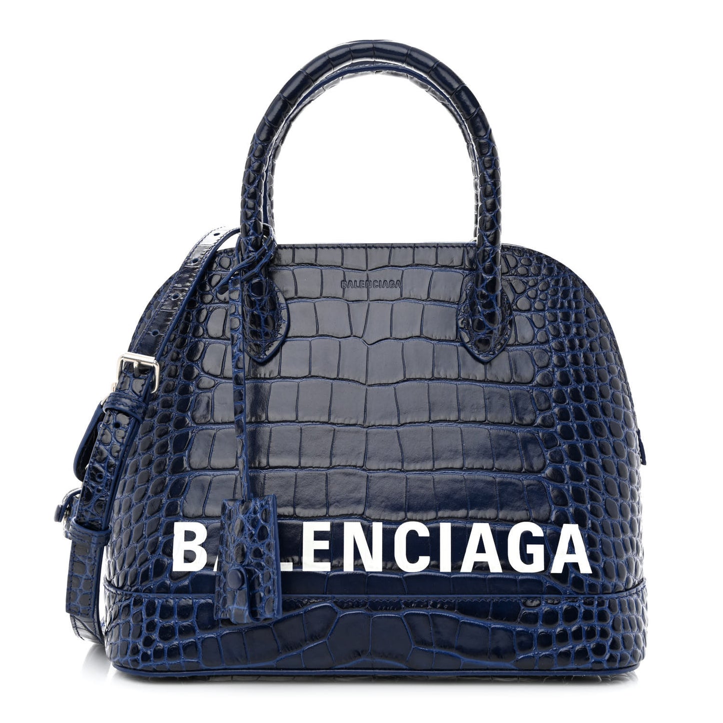 Shiny Calfskin Logo Crocodile Embossed S Ville Top Handle Bag Navy White