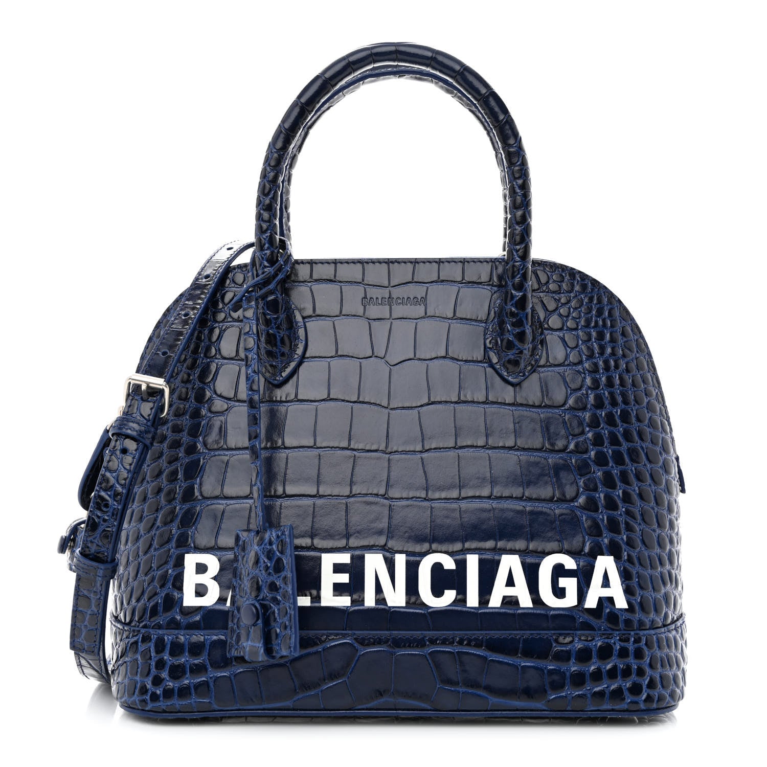 Balenciaga Shiny Calfskin Logo Crocodile Embossed S Ville Top Handle Bag Navy White 1 of 12
