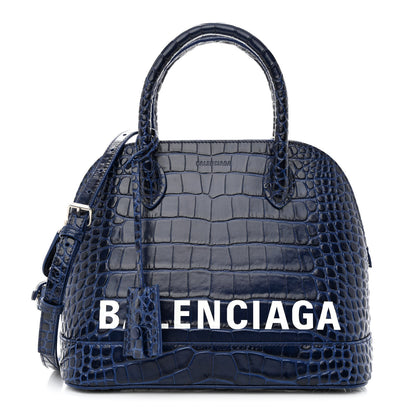 Balenciaga Shiny Calfskin Logo Crocodile Embossed S Ville Top Handle Bag Navy White 1 of 12