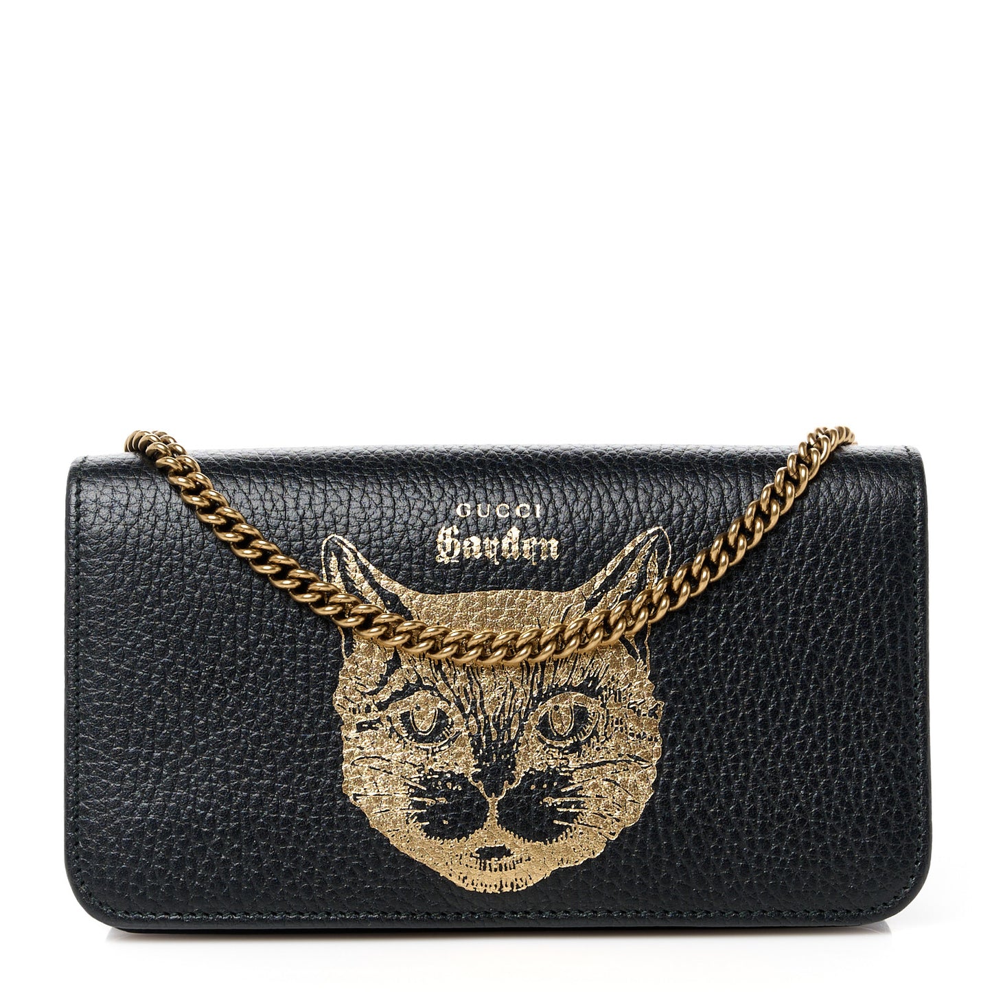 Dollar Calfskin Garden Mystic Cat Chain Wallet Black